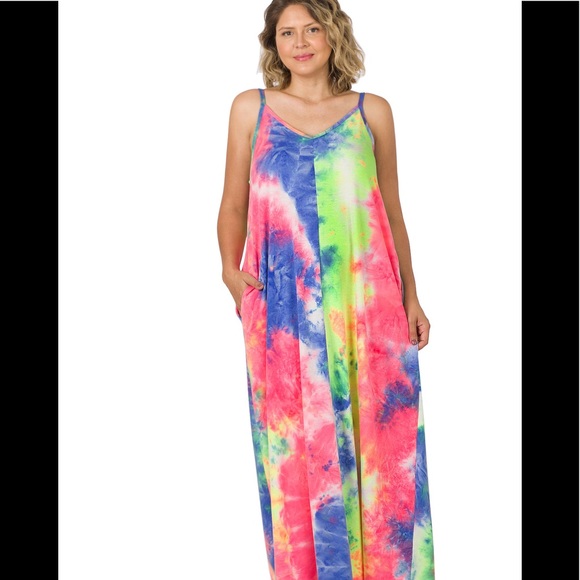 BN Zenana Premium Plus Size Tie Dye V Neck Maxi Dress With Pockets Various - Picture 10 of 11